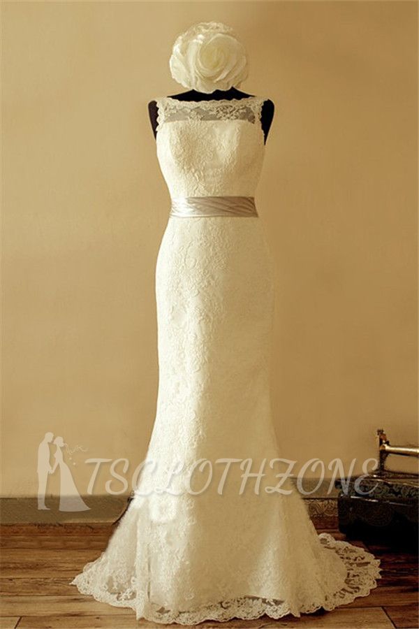 Bateau Full Lace 2022 Elegant Wedding Dress Sleeveless Sheath Bridal Gowns with Ribbon Sash