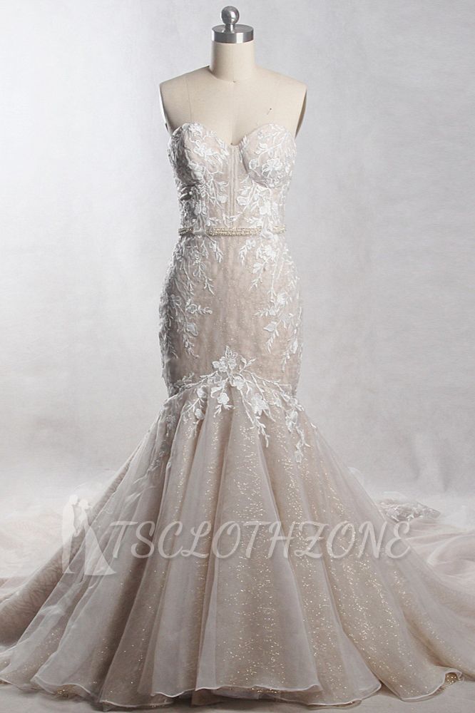 TsClothzone Chic Strapless Tulle Sequins Mermaid Wedding Dress Sleeveless Appliques Beadings Bridal Gowns On Sale