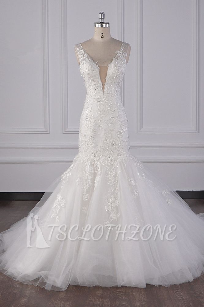 TsClothzone Gorgeous V-Neck Mermaid Lace Appliques Wedding Dress Sequined Sleeveless Bridal Gowns Online
