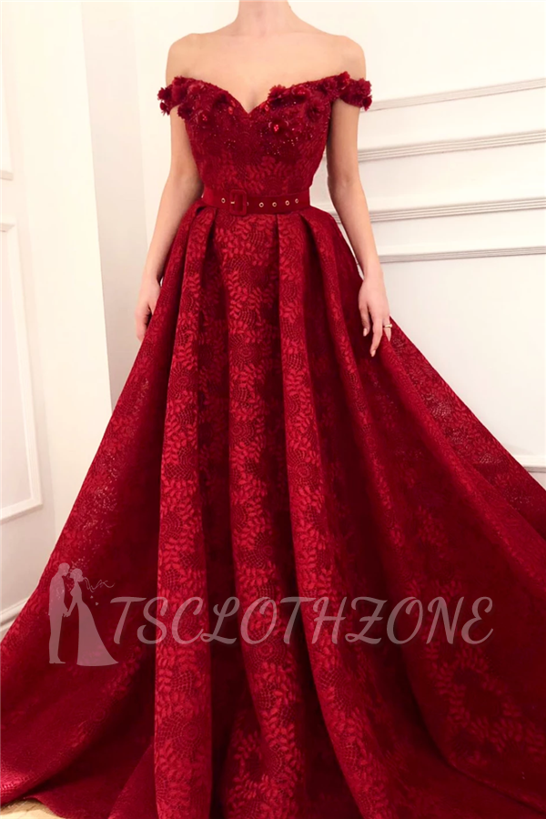Off The Shoulder Ruby Lace Evening Dresses | Sexy Beading Appliques Flowers Prom Dresses