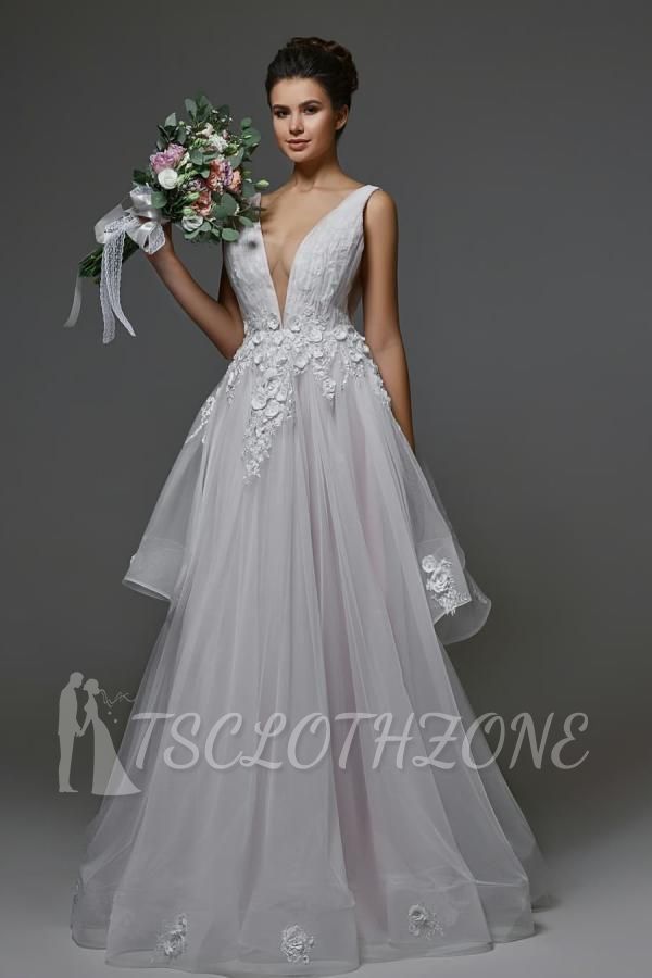 Einfaches Brautkleid aus Tüll mit tiefem V-Ausschnitt, ärmelloses Brautkleid mit Blumenspitze