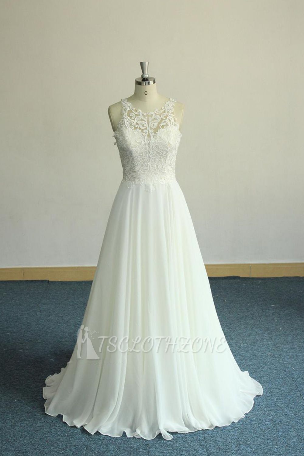 Einzigartiges weißes ärmelloses Hochzeitskleid | Applikationen Chiffon Brautkleider