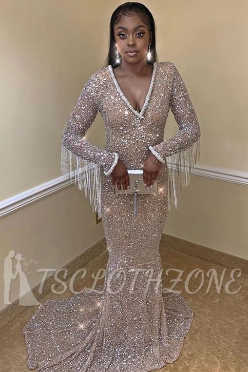 Sparkling Sequins Long Sleeve Prom Dresses | V-neck Tassels Sheath Silver Formal Evening Gowns Cheap
