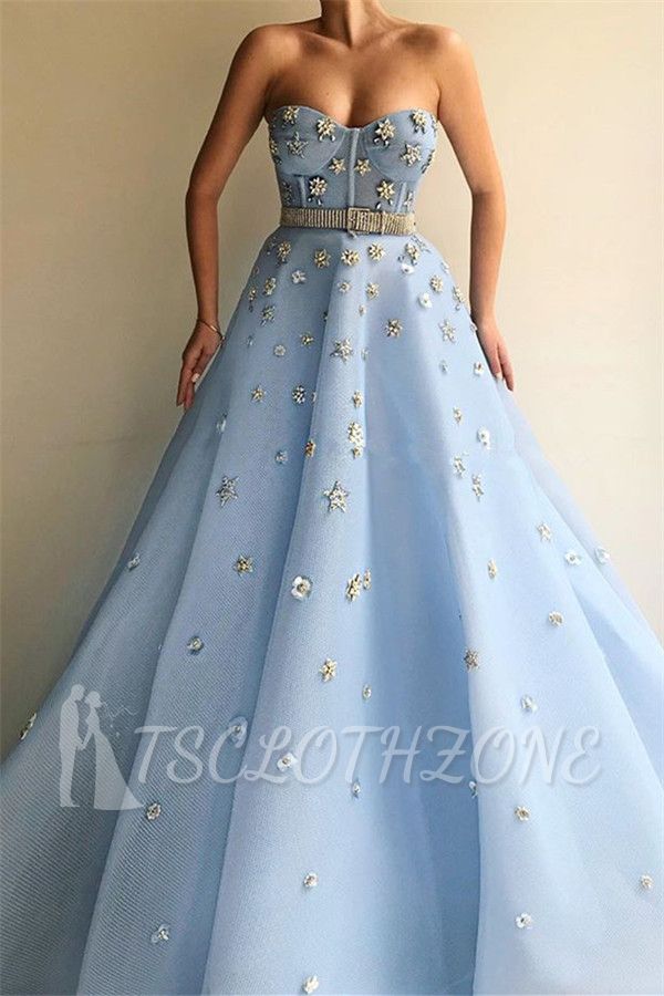 Stylish Strapless Sweetheart Beading Flowers Prom Dress | Chic Blue Tulle Long Prom Dress with Beadning Sash
