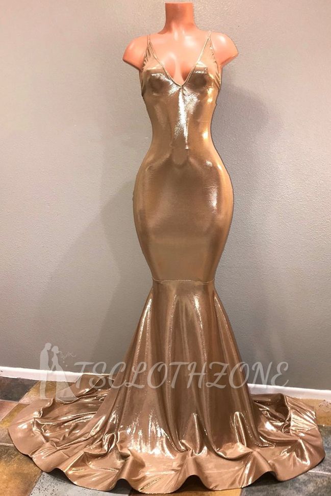 V-neck Straps Open Back Mermaid Sexy Prom Dresses | Champagne Gold Cheap Evening Gowns