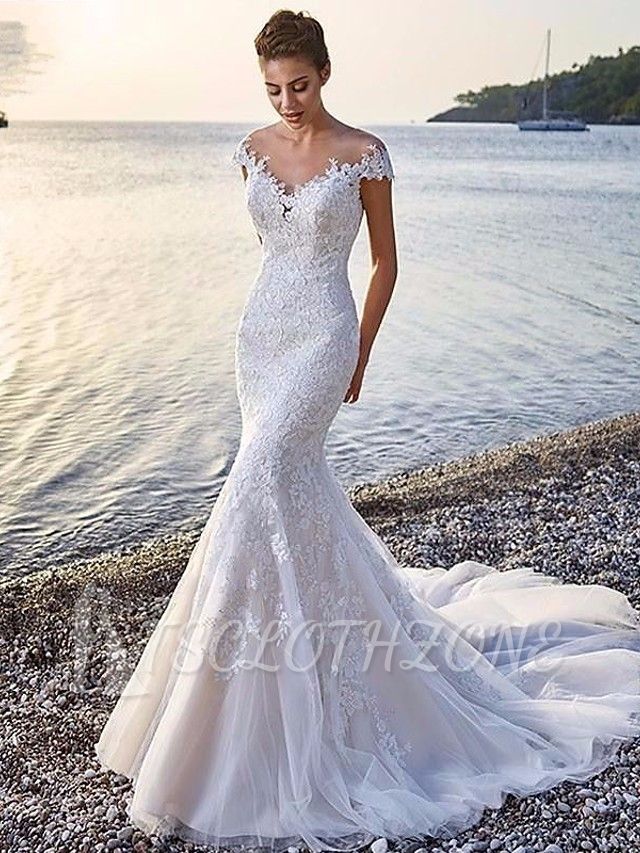 Sexy Mermaid Wedding Dresses Scoop Organza Sleeveless Bridal Gowns Wedding Dress in Color Court Train