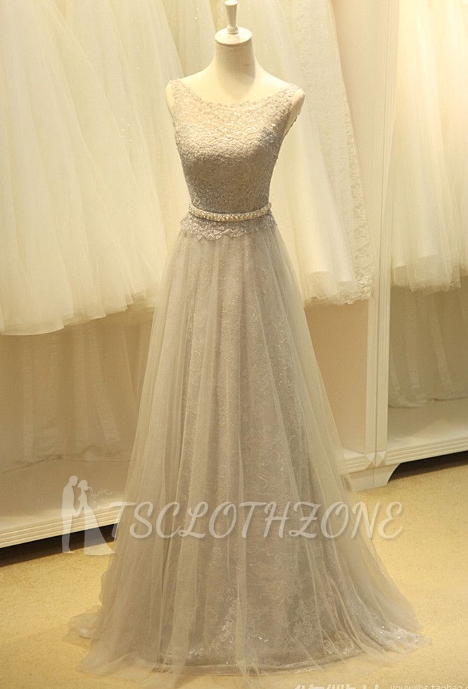 Formal Long Tulle Grey Lace Dresses For Juniors A Line Zipper Fashionable Floor Length Prom Dresses with Belt