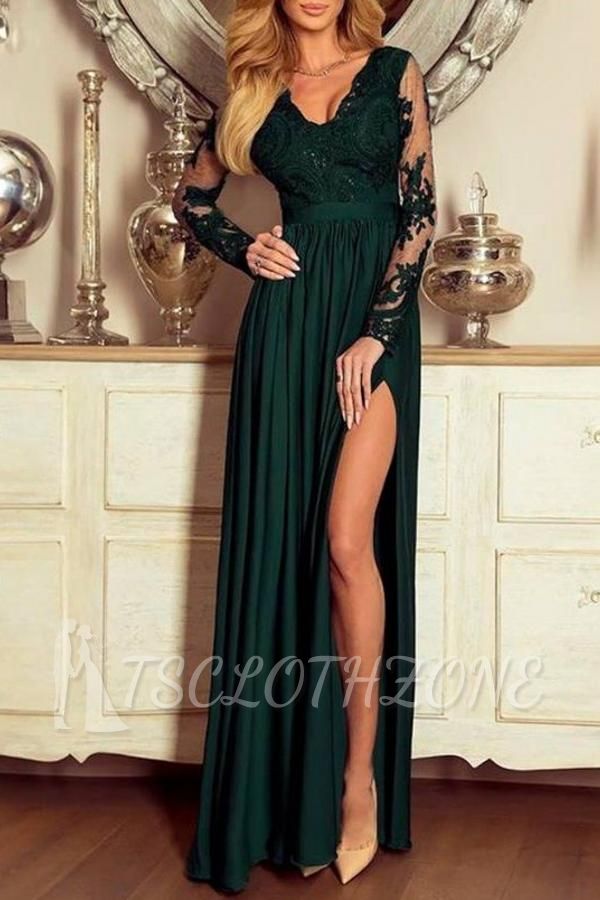 Dark Green Lace Long Sleeves Side Slit Evenign Dress