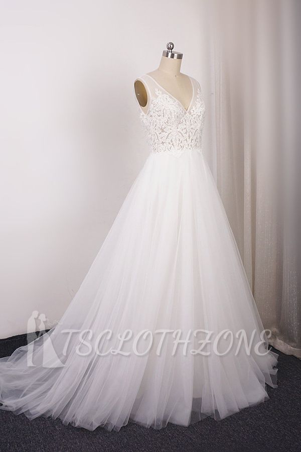 TsClothzone Elegant V-Neck Sleeveless Straps Lace Wedding Dress White Tulle Appliques Beadings Bridal Gowns On Sale