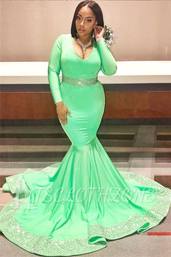 Plus Size Long Sleeve Green Prom Dresses for Juniors | Sexy Mermaid Sparkling Appliques Evening Gowns