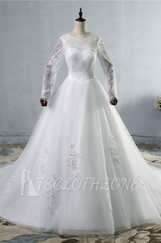TsClothzone Elegant Jewel Tulle Lace Wedding Dress Long Sleeves Appliques Sequins Bridal Gowns On Sale