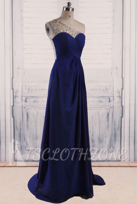 Royal Blue Chiffon 2022 Long Evening Dresses Shiny Crystal Sheer Back Popular Prom Dresses