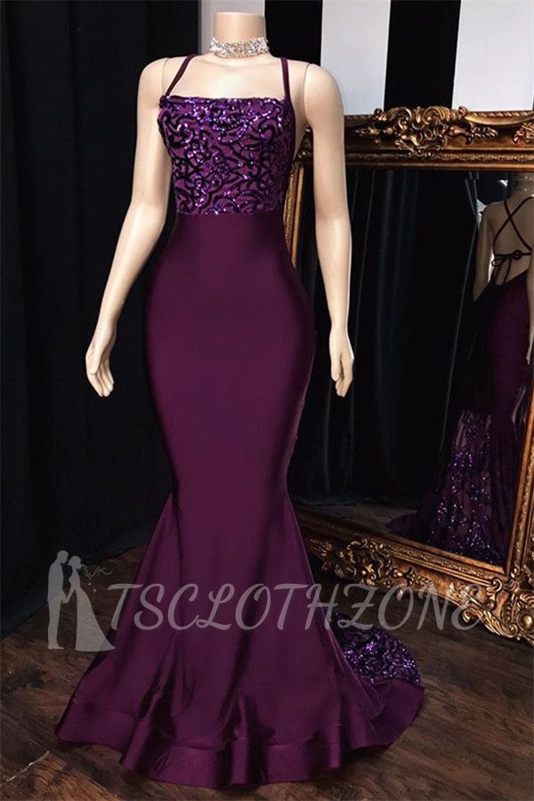 Mermaid Purple Spaghetti-Straps Appliques Sleeveless Prom Dresses