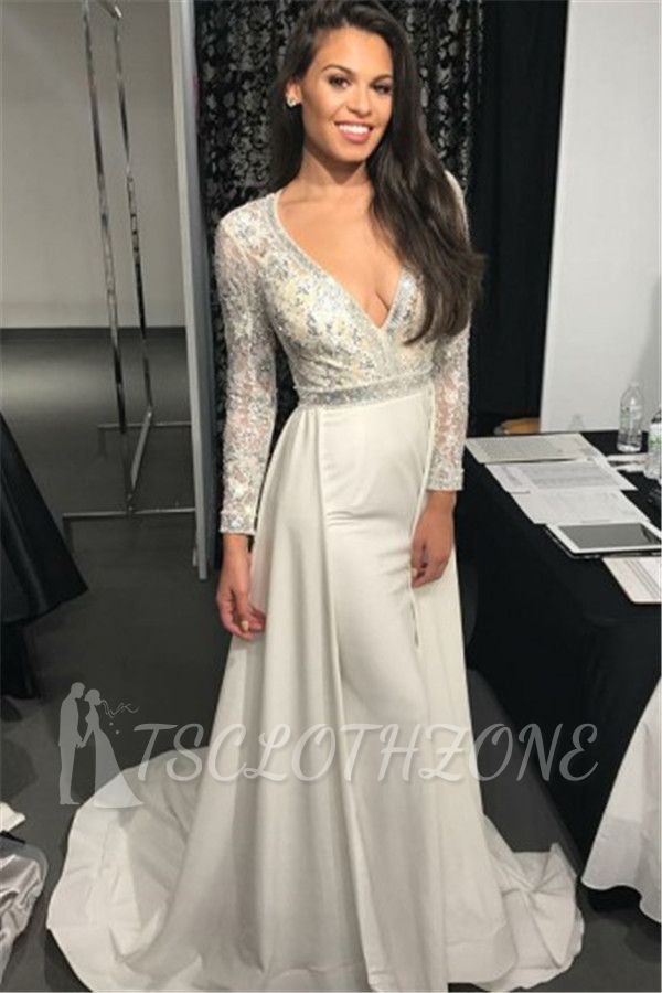 Elegant Sheath Long Sleeves Evening Dresses Cheap | Sexy V-Neck Crystal Overskirt Evening Gown