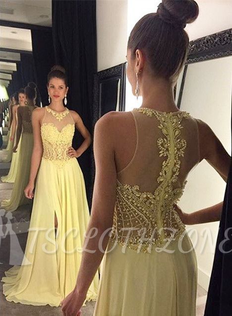 Neue Ankunft Gelb Split Abendkleid mit Perlen Neueste A-Linie Chiffon Abendkleider