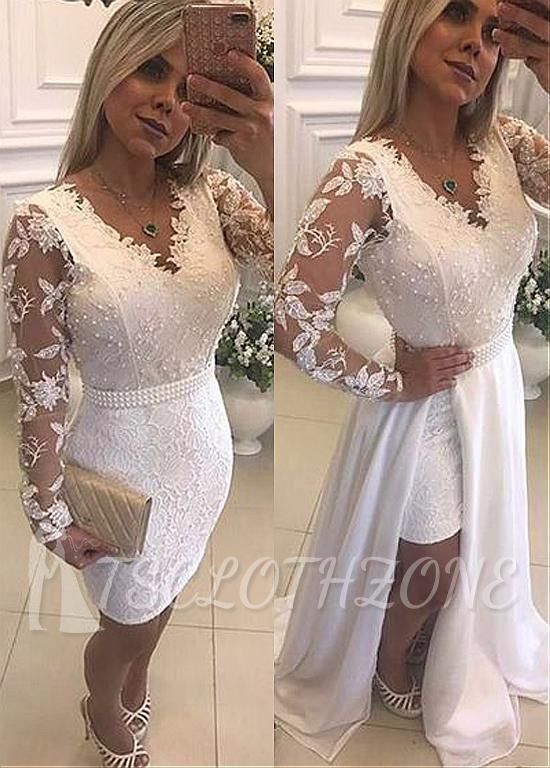 White Long Sleeves Lace Evening Dresses Cheap | 2022 Beaded V-Neck Evening Gowns with Detachable Skirt