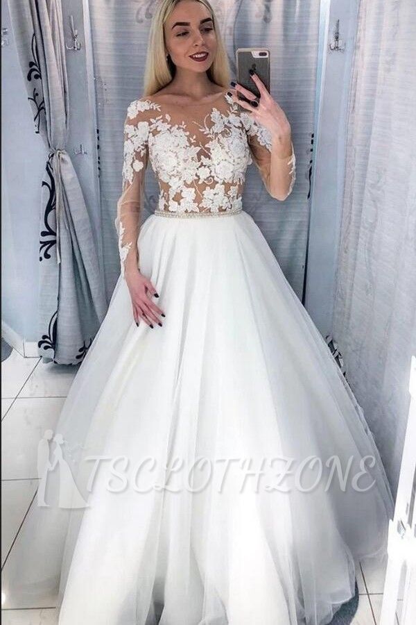 Elegantes Hochzeitskleid in A-Linie mit langen Ärmeln und Blumenapplikationen