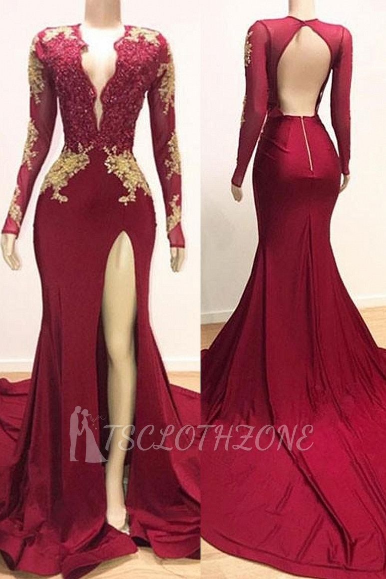 Deep V-neck Long Sleeves Lace Appliques Split Mermaid Evening Gowns