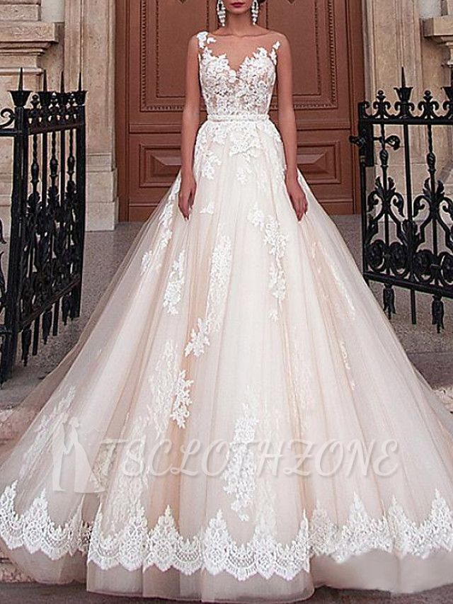 Formal A-Line Wedding Dress Jewel Lace Tulle Sleeveless Sexy See-Through Bridal Gowns with Sweep Train