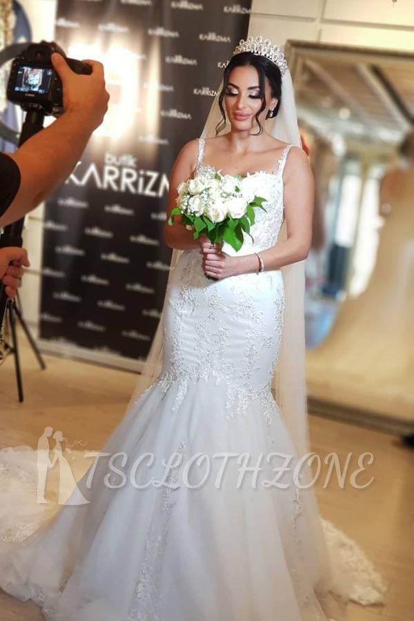 Sweetheart Spaghetti Strap Heart Neck Large Trailing Mermaid Lace Wedding Dress