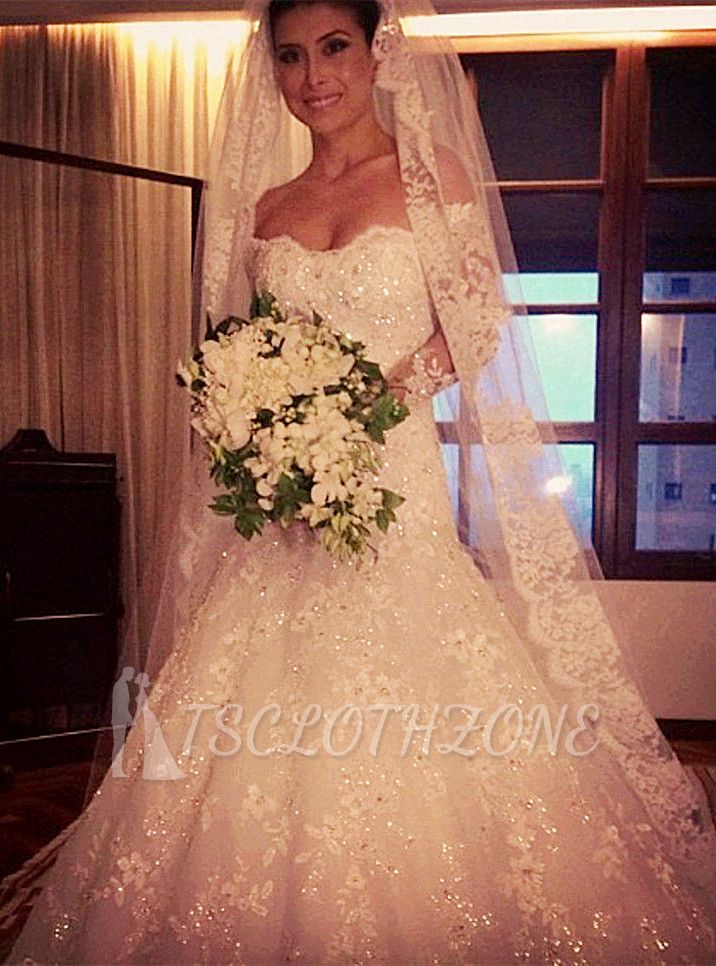 Beautiful White Lace Off Shoulder Long Sleeve Wedding Dresses Court Train Elegant Fitted Formal Bridal Gowns