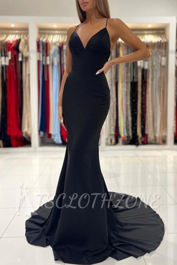 Black Simple Spaghetti Strap Mermaid Evening Dress | Long Prom Dresses Cheap