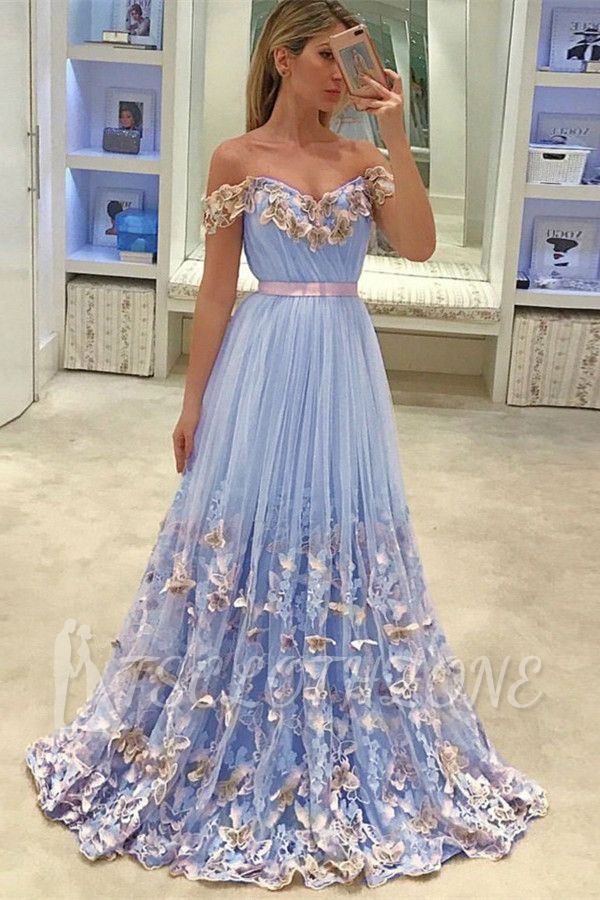 Gorgeous New in Off The Shoulder Evening Dresses | Tulle Flowers Open Back Prom Dress