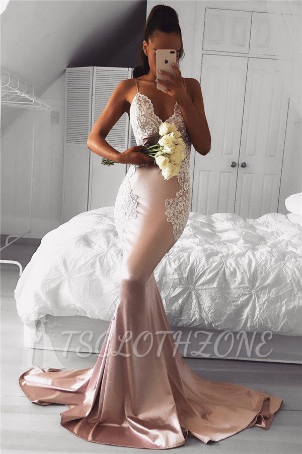 Spaghetti Straps V-neck Pink Prom Dresses Lace Mermaid 2022 Cheap Formal Evening Gown