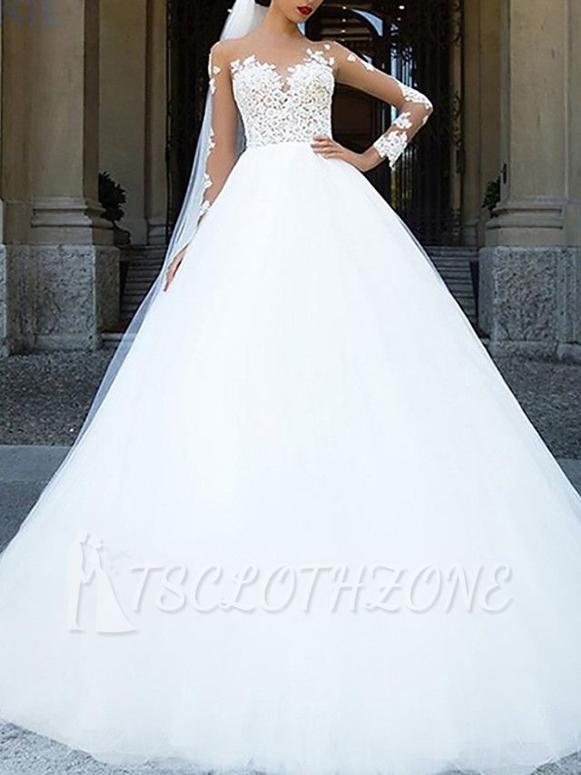 Formal Ball Gown A-Line Wedding Dress Jewel Lace Tulle Long Sleeve Sexy See-Through Backless Bridal Gowns with Sweep Train