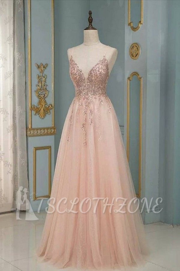 Stylish Spaghetti Straps V-Neck Floral Lace Evening Maxi Dress Tulle Sleeveless Prom Swing Dress