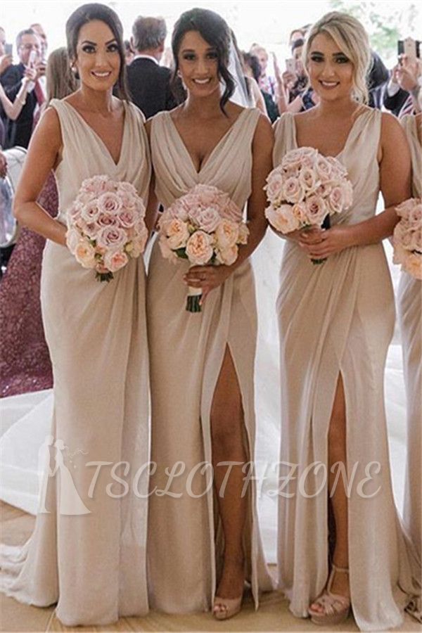 Elegante ärmellose lange Brautjungfernkleider mit V-Ausschnitt | Günstiges Brautjungfernkleid mit Seitenschlitz und Rüschen