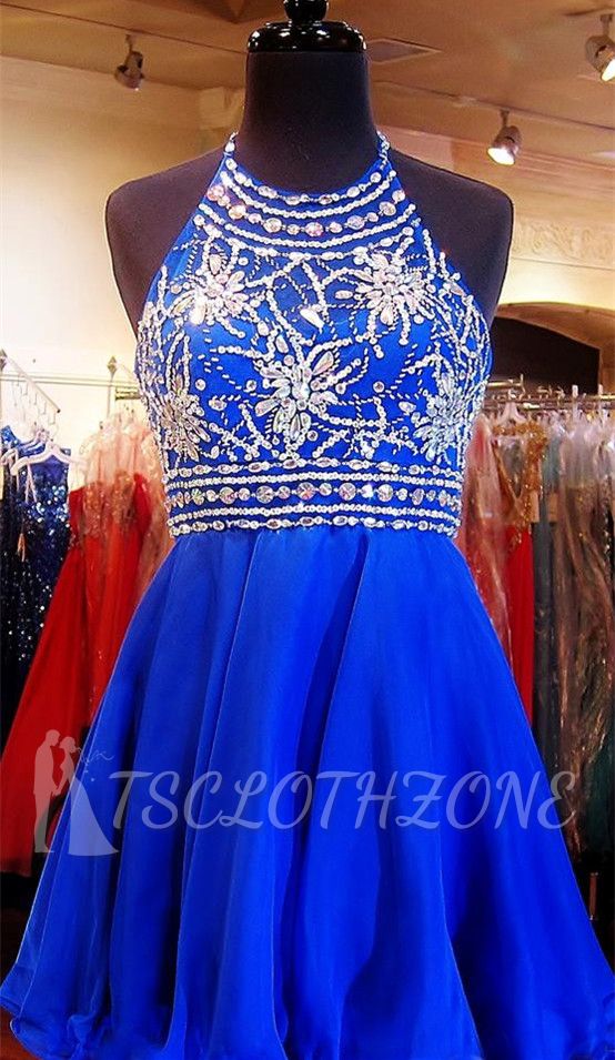 Crystal Halter Royal Blue Mini Homecoming Dress with Rhinestones  Open Back Short Cocktail Dress