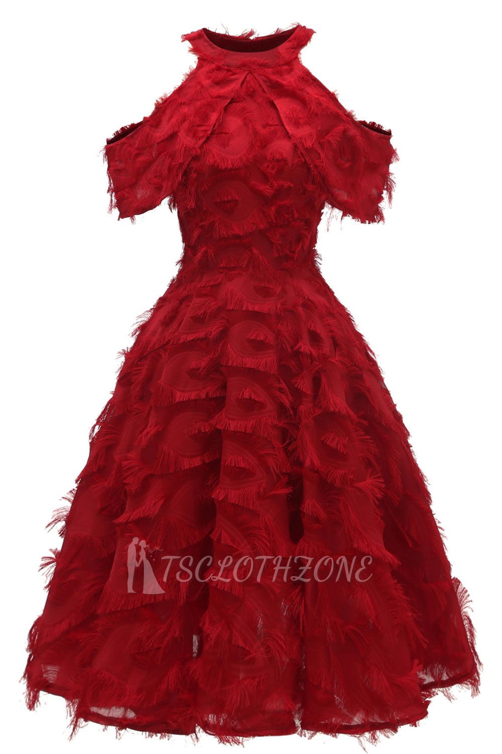 Elegant High neck Artifical Feather A-line Vintage Cocktail Dresses | Retro A-line Burgundy Homecoming Dress