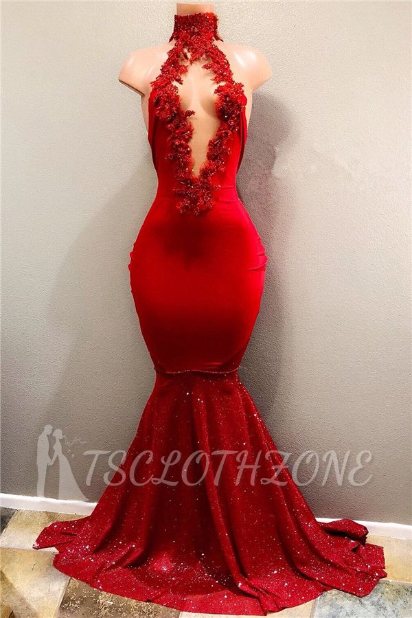 Sexy rote Applikationen Meerjungfrau Abendkleid | Pailletten Tiefer V-Ausschnitt 2022 Günstiges Abendkleid