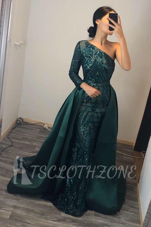 Glitter Sequins One Shoulder Mermaid Prom Dress with Detachable Train