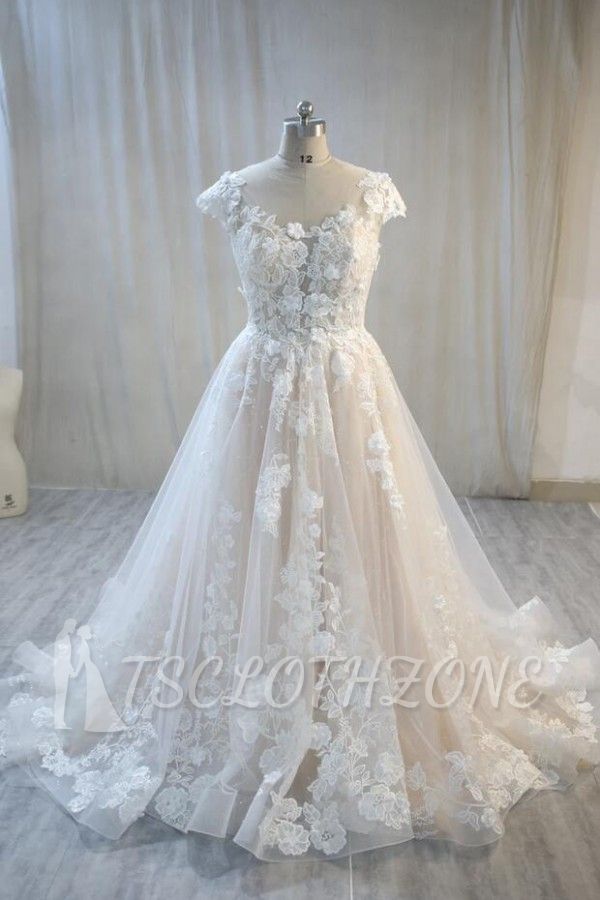 Gorgeous Cap Sleeves 3D Floral A-line Tulle Wedding Gown