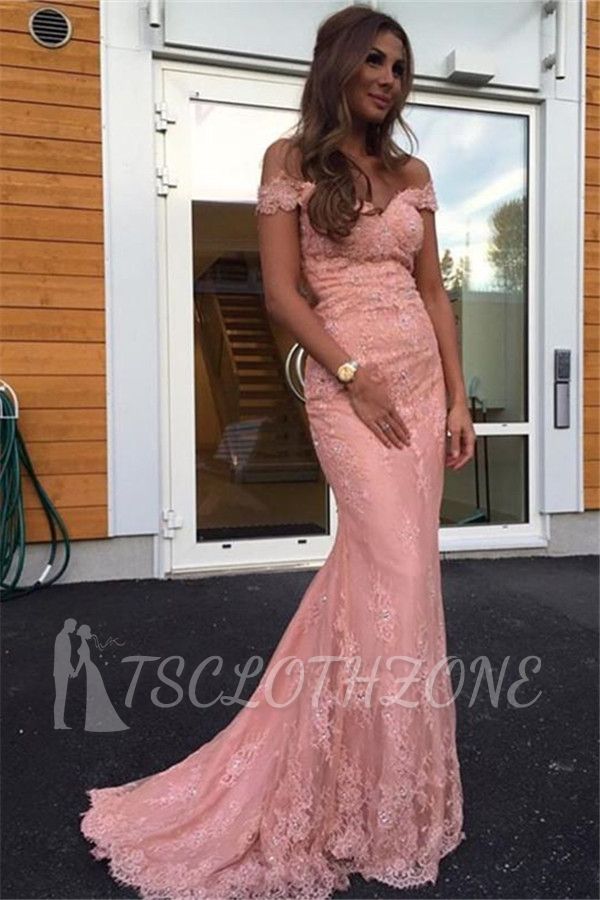 Pink Mermaid Off the Shoulder Prom Dresses 2022 Lace Sweep Train Evening Gowns