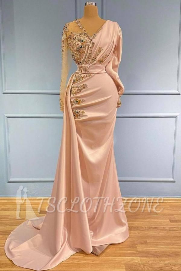 Elegant V-Neck Long Sleeve Mermaid Ball Gown with Gold Sequin Applique