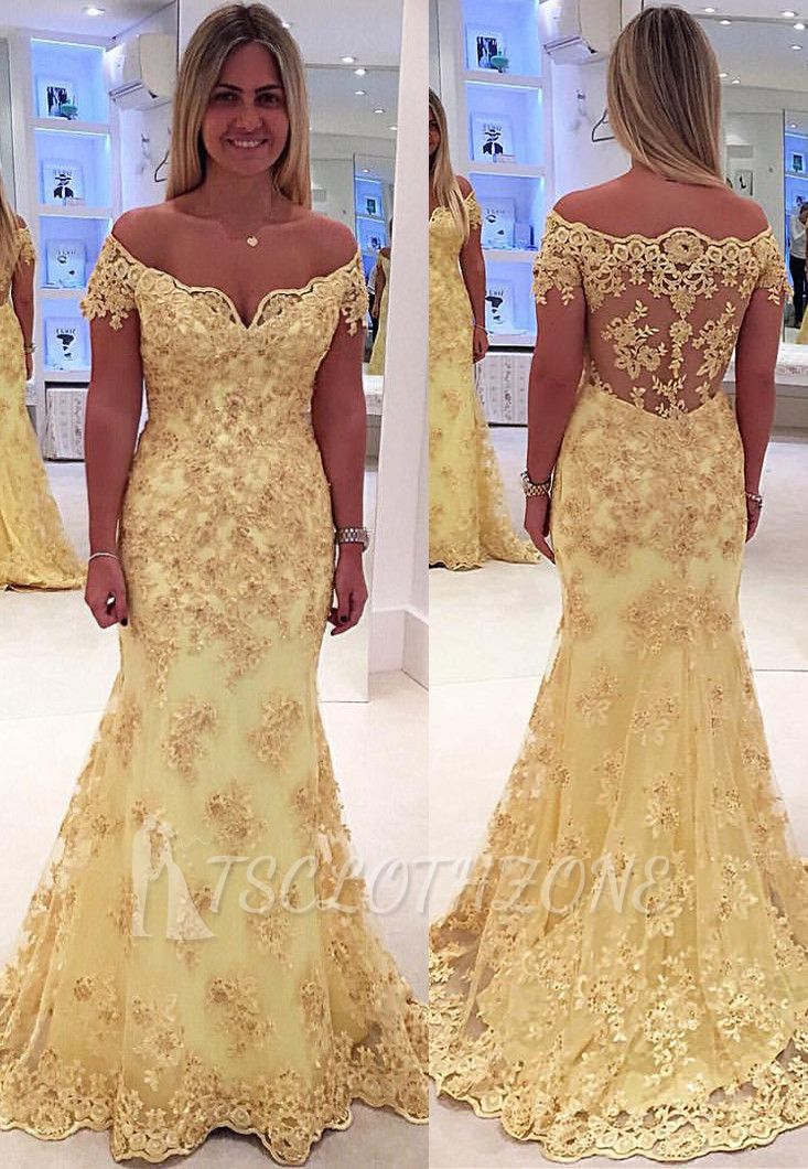 Off The Shoulder Lace Appliques Prom Dresses 2022 Yellow Sheer Back Evening Gown