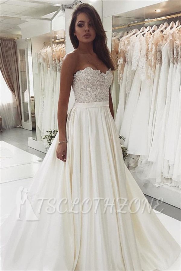 2022 Glamorous Lace Satin Sweetheart Wedding Dresses | Open Back A-Line Cheap Bridal Gown
