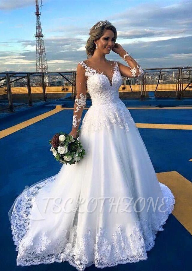 Gorgeous Lace Sweep Train Bridal Gown Long Sleeve Tulle Wedding Dresses