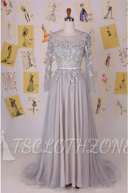 Chiffon Long Sleeve A-Line 2022 Prom Dress Open Back Lace Applique Party Dresses