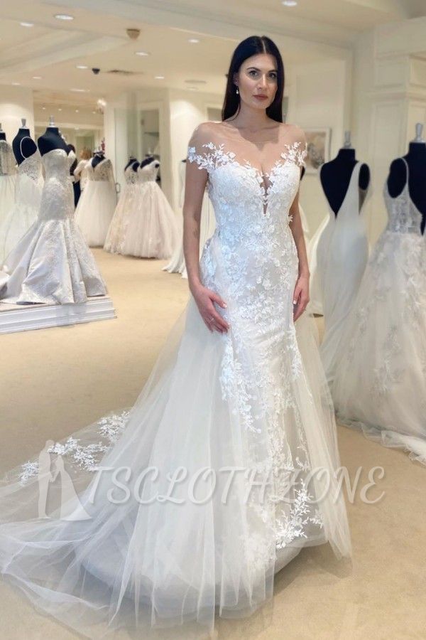 Cap sleeves Illusion neck White Lace Wedding Dresses with Overskirt