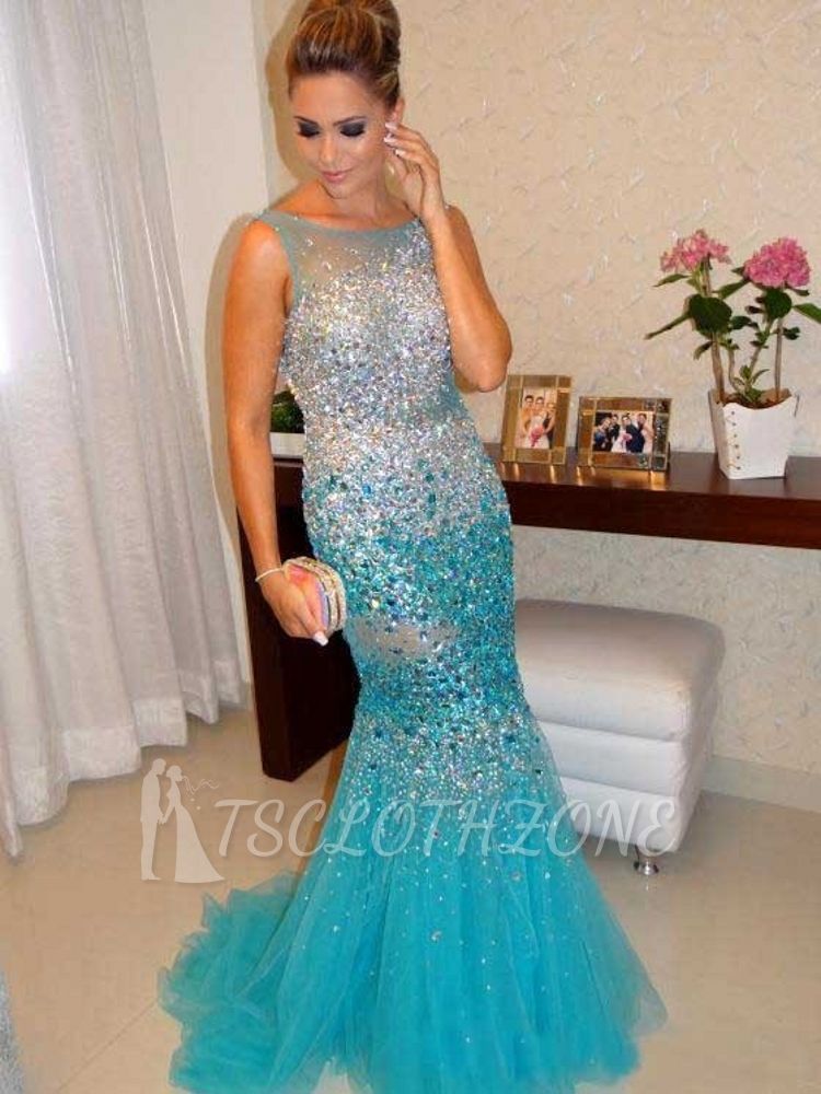 Sexy Mermaid Tulle Long Evening Dress with Crystals Open Back Plus Size Formal Occasion Gowns