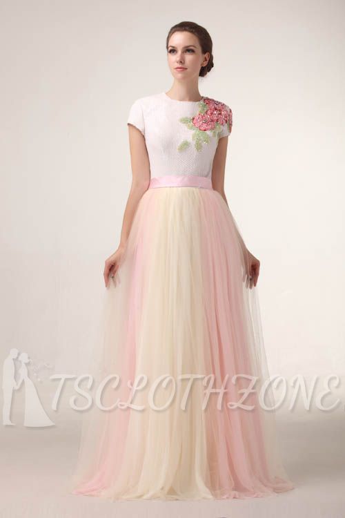 Short Sleeve Sequins Prom Dress Colorful Tulle Long Cheap Evening Dress with Flowers