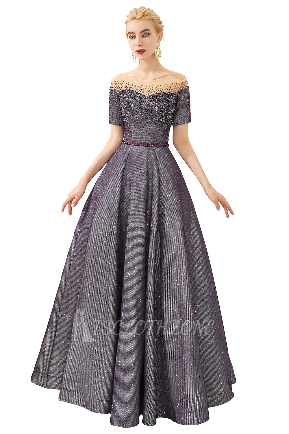 Hayden | Sparkly Regency Round Neck Short sleeves Prom Dress with purple Belt