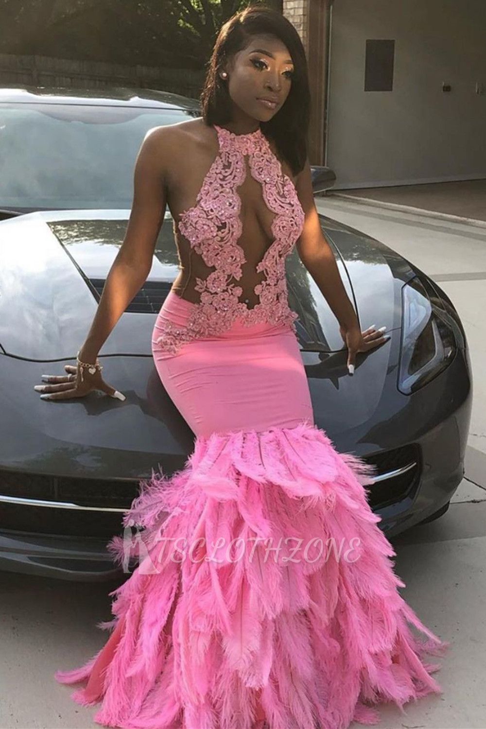 Pink Halter Mermaid Feather Prom Dress Appliques Evening Dressing