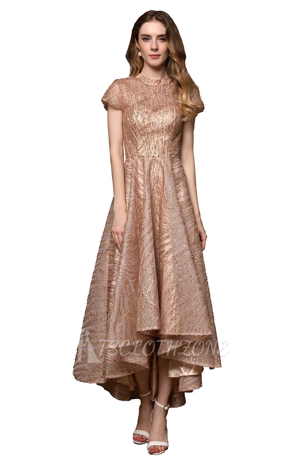 Ardolf | High neck Short Sleeve Champange Sequined High Low Prom Dress