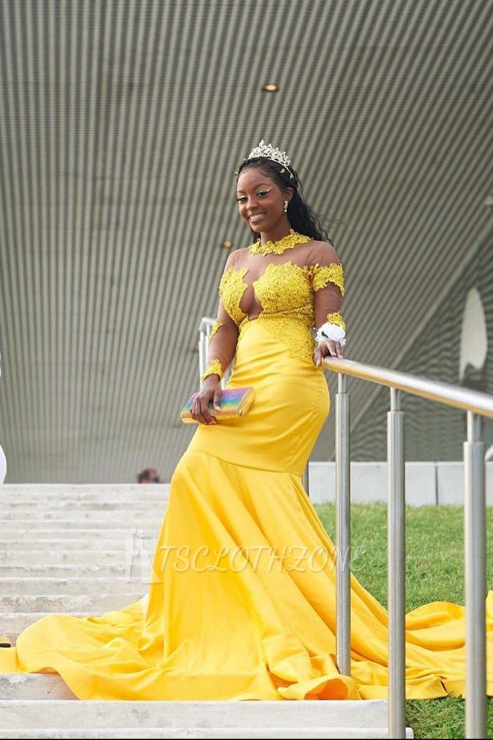 Yellow Long Sleeve Mermaid Prom Gowns Sweep Train Appliques