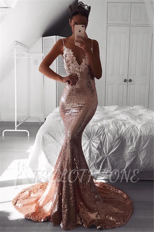 Sexy Pink Sequined Mermaid Evening Dresses | 2022 Backless Spaghetti Straps Party Dress